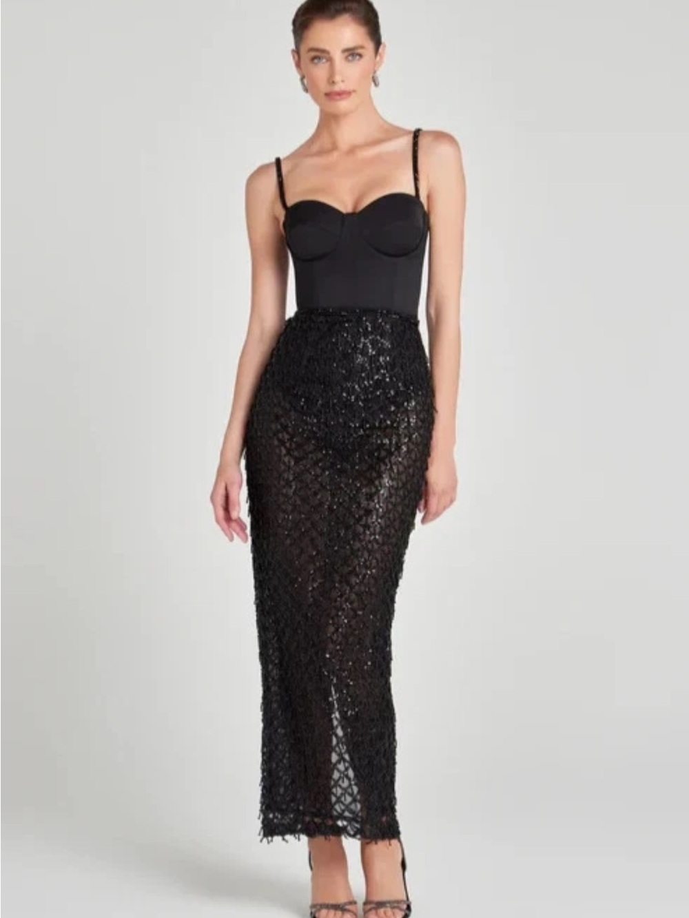 NWOT NADINE MERABI Valentina Mixed Media Black Beaded Bustier Gown Women's Sz 8